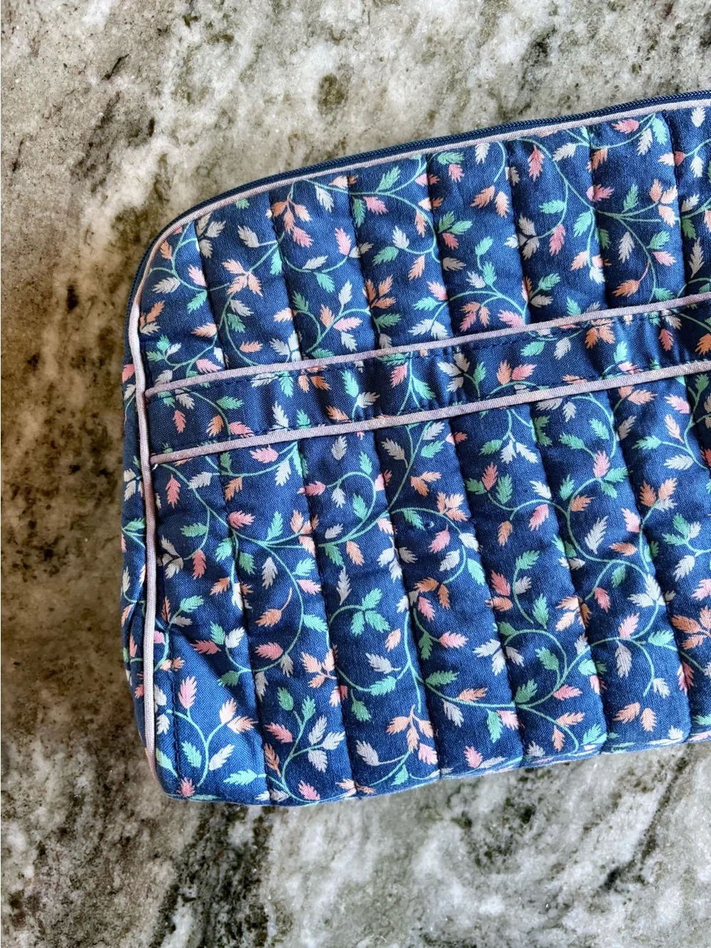 totes—Vintage Blue/Pink Floral Leaf Cosmetic Bag Case, Waterproof Vinyl Interior